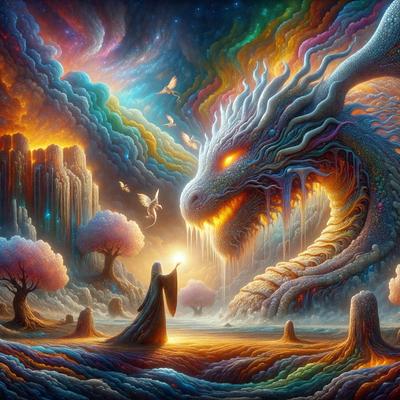 The primary subject of the image is a dragon, which is the main object, scene, or focus of the image. The dragon is surrounded by a colorful and vibrant environment, with a backdrop of a forest and a sky filled with stars. The visual style of the image is digital art, as it is a detailed and intricate illustration. The dominant colors in the image are blue, green, and orange, creating a lively and energetic atmosphere.